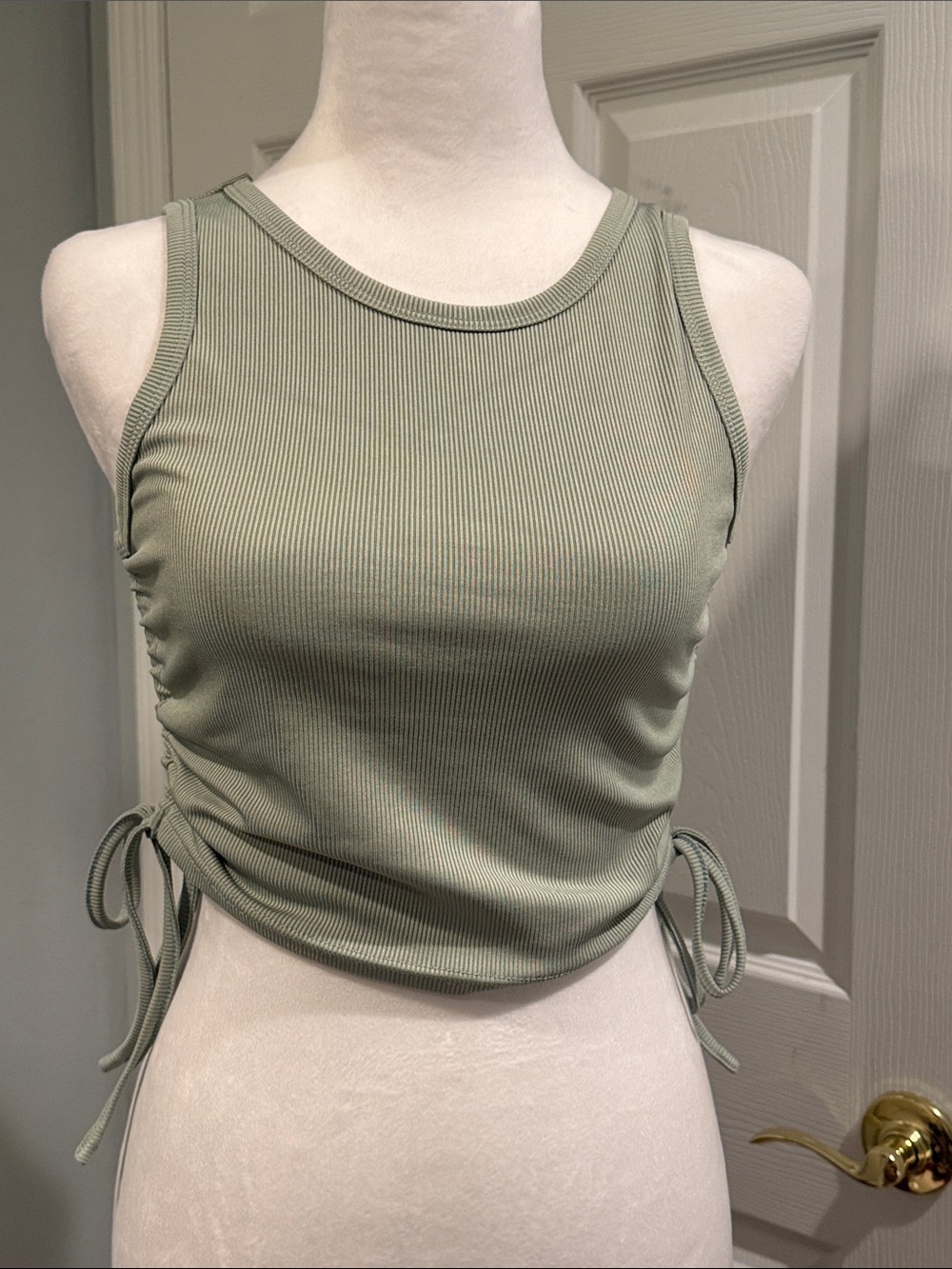 SHEIN Sage Green Ribbed Side Ruched Drawstring Crop Tank Top Size S